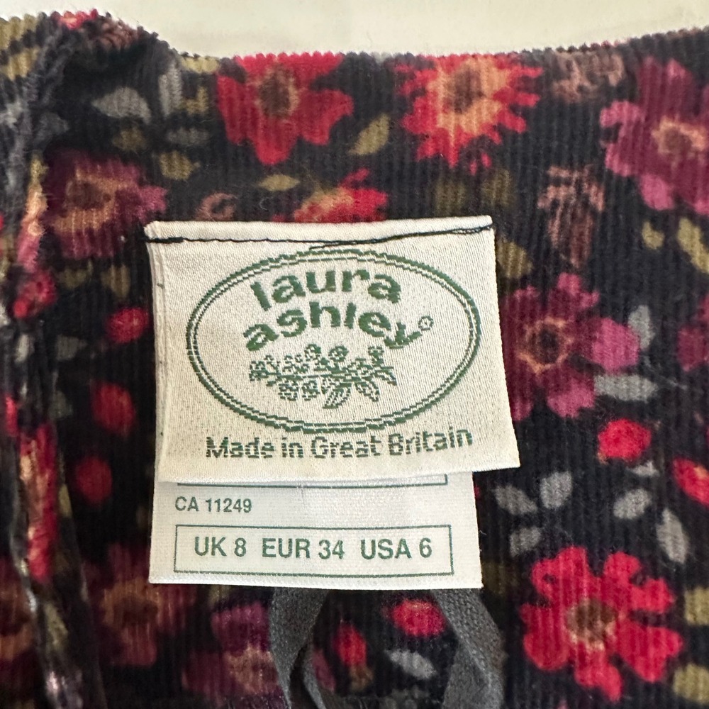 Vintage Laura Ashley Dress Women 6 Black Red Floral Corduroy Puff Sleeve Prairie - Picture 4 of 8